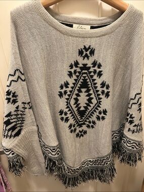 Elan Gray & Black Aztec Fringe Poncho Sweater